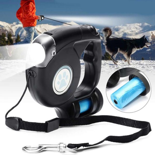 4.5M LED Flashlight Extendable Retractable Pet Leash Lead with Garbage Bag